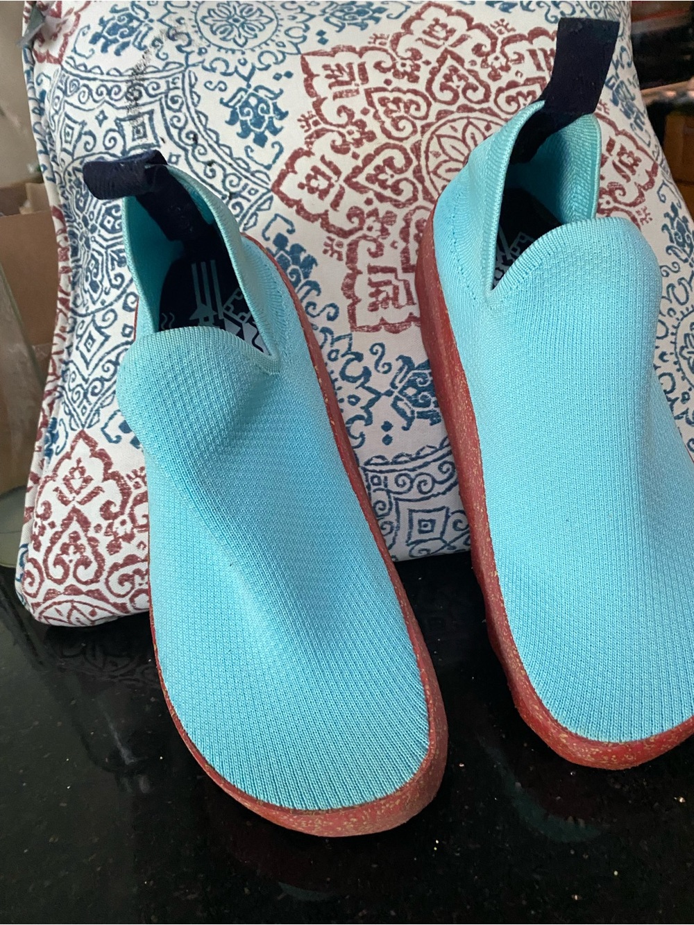 Light Blue Slip-On Knit Women's walking city shoe.